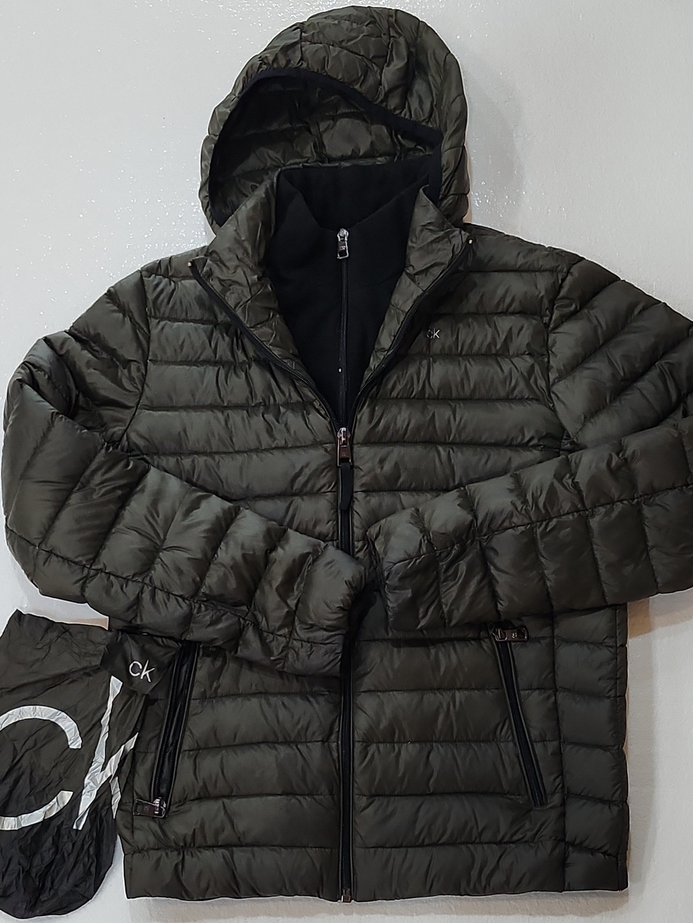 Women's Calvin Klein Dark Olive & Black Trim Packable Hooded Puffer Jacket Sz S
